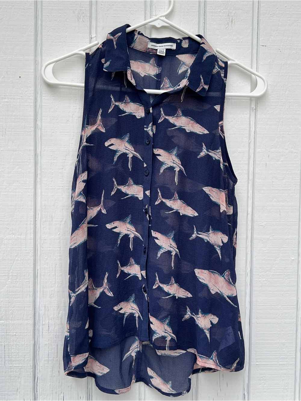 American Eagle Outfitters: Sheer Shark Print Button Front Blouse. Size XS.